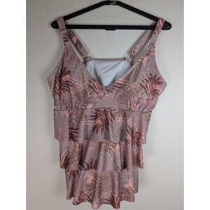 Nicole Miller Pink 3 Tier Ruffle Tankini Swim Top Size Large Built in Bra Pool